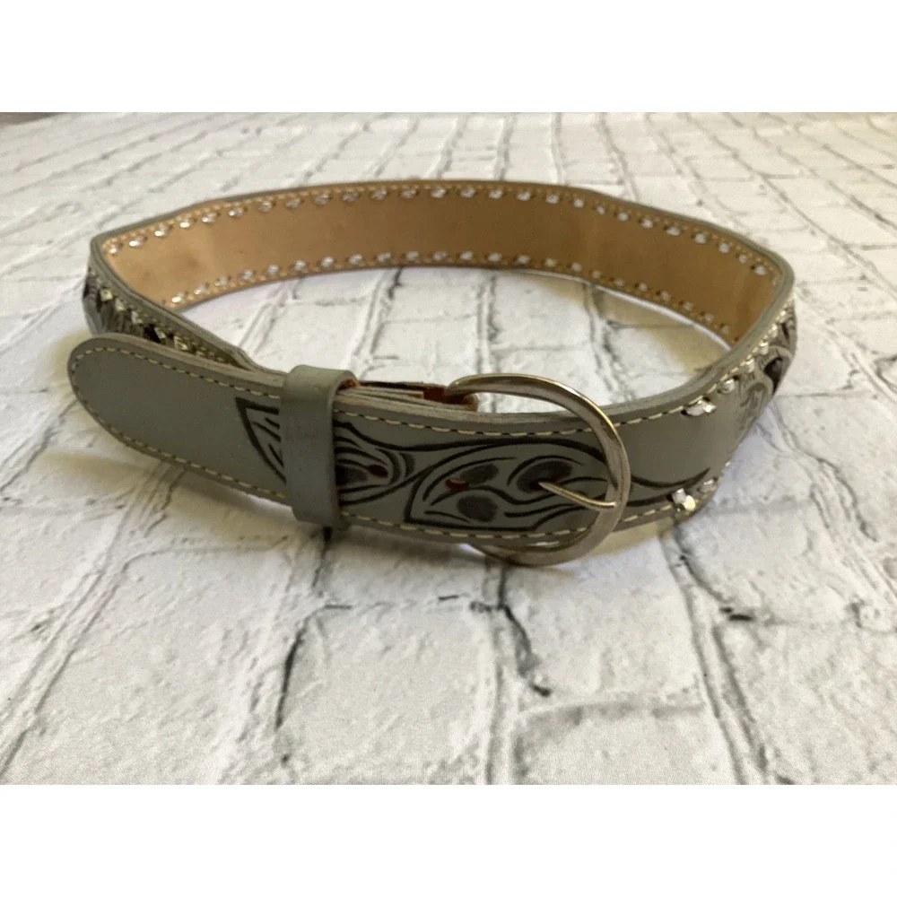 Vintage Wilson Leather Grey Floral Embossed Western Belt Made in USA Size 34